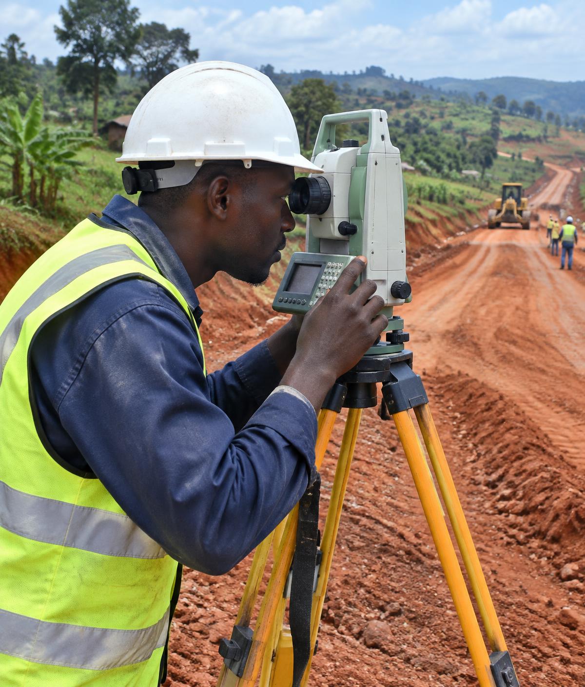 Kenyan site engineer using a survey instrument on a road construction site