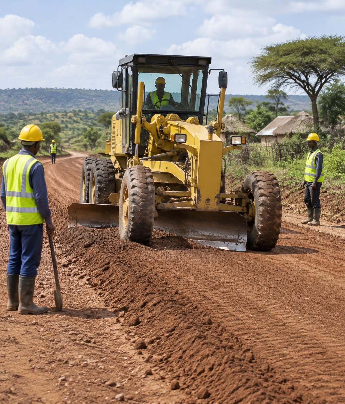 Motor grader levelling a murram road with road workers in reflective vests